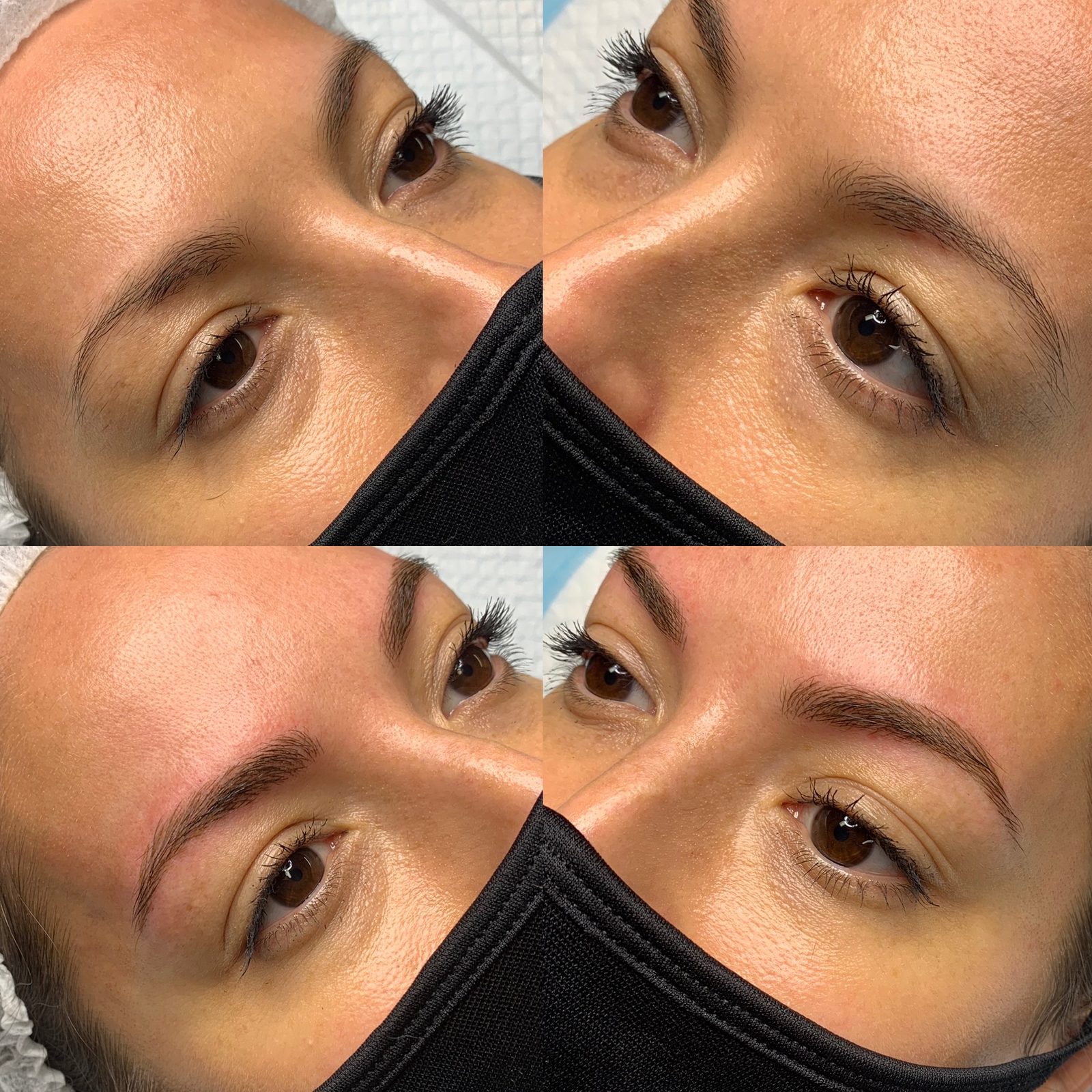 Microblading before and after at Jadeelle Beauté — both brows shown before on top and after below, transformed with natural hair strokes