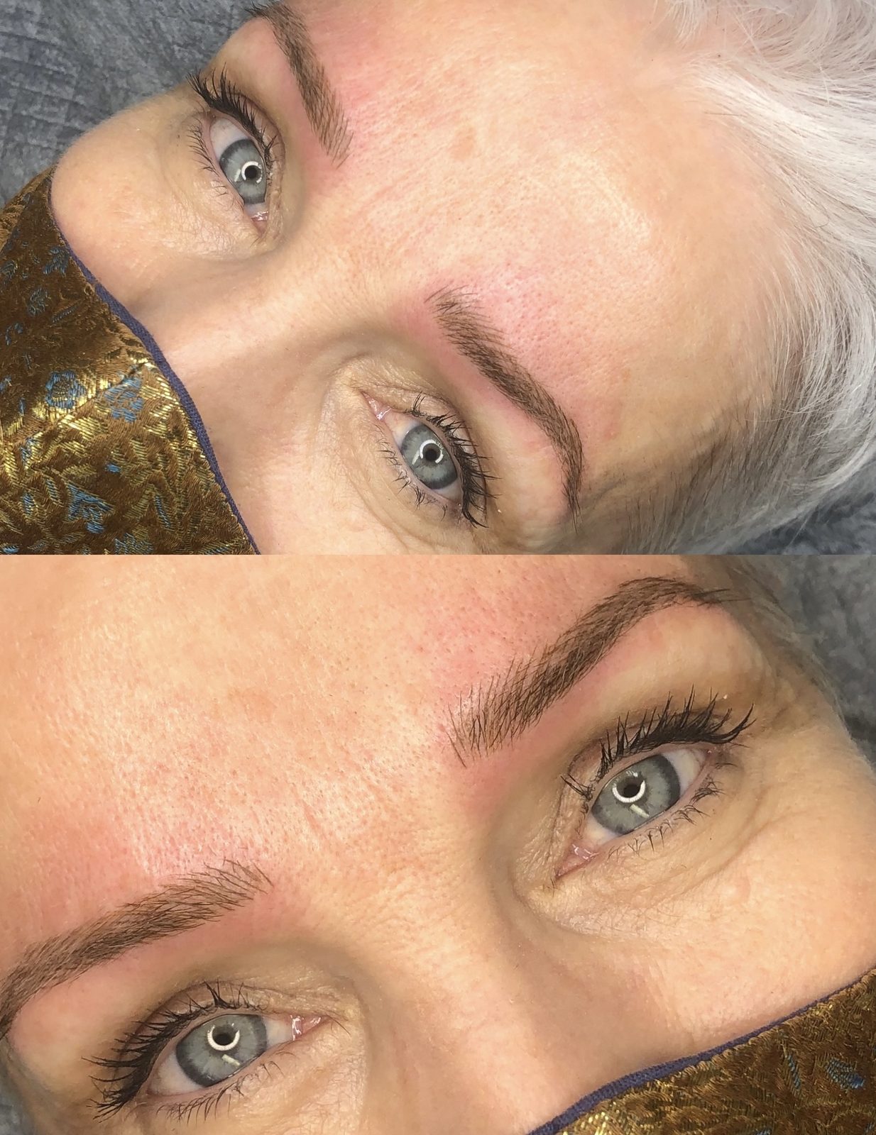Microblading before and after — redefined brows on a mature client