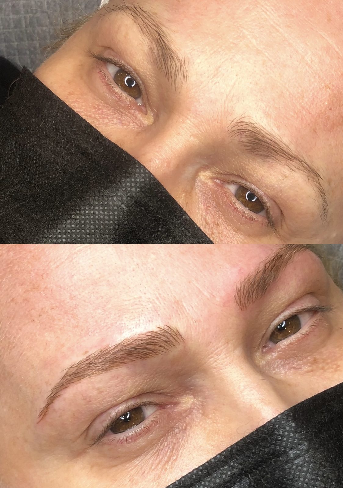 Natural eyebrow tattoo before and after — thin brows rebuilt with delicate hair strokes