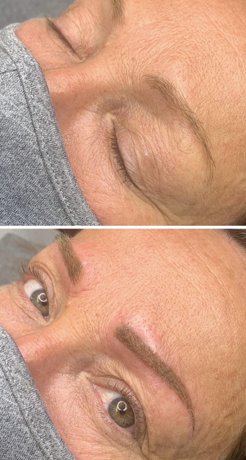 Brow enhancement before and after — fuller brows with a gentle, lifted shape